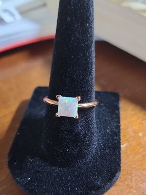 Rose Gold Opal Solitaire Ring - Iridescent Square Stone
